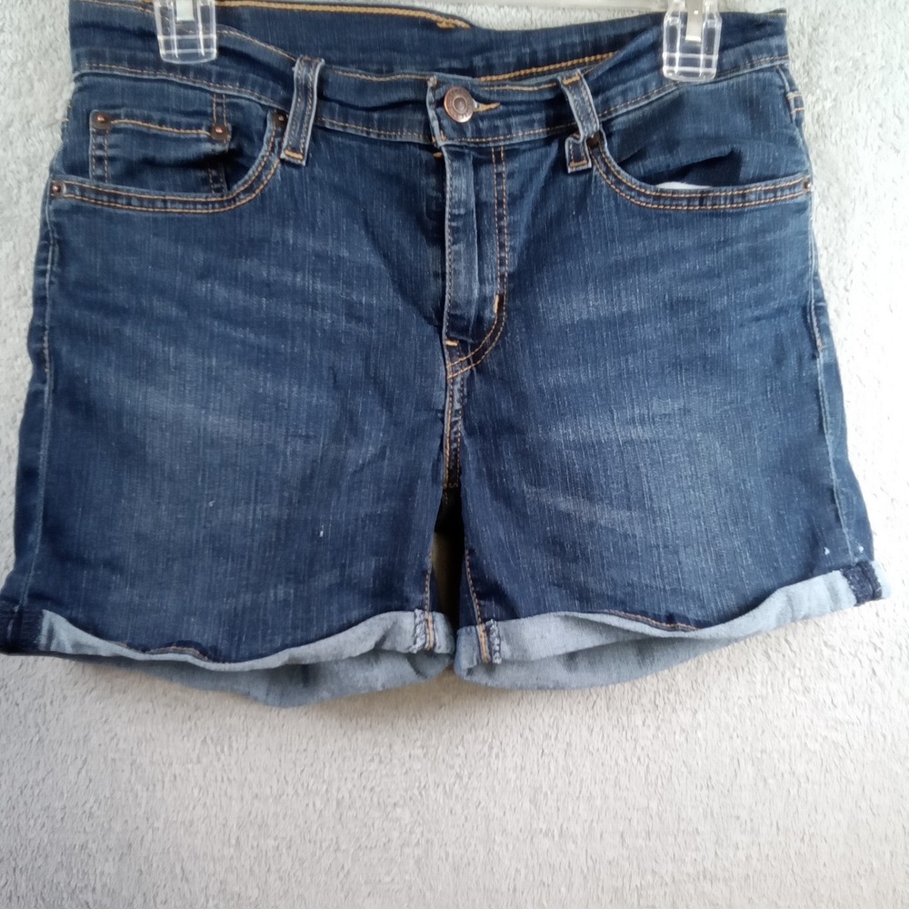 Levis Womens Dark Wash Cuffed Denim Shorts Size 29 Indigo Mid Rise Zip Fly